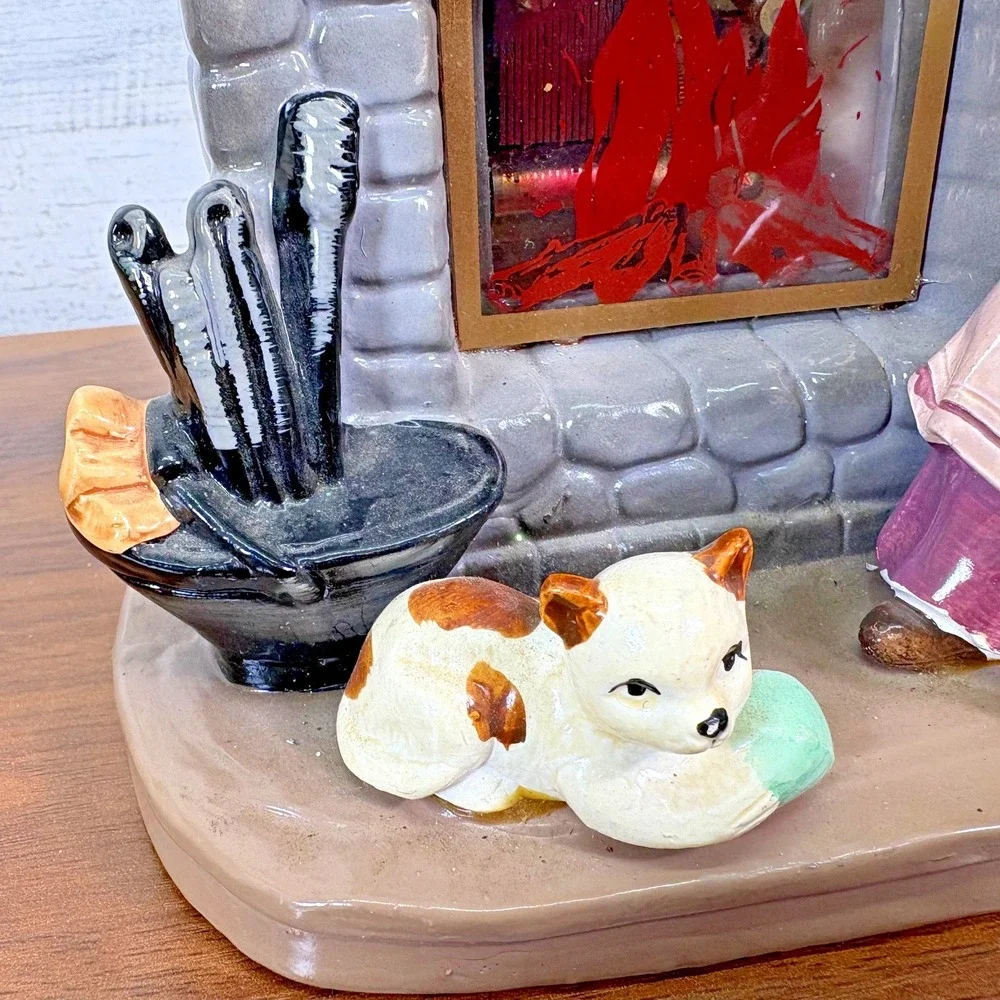 Vintage Christmas Ceramic Music Fireplace 1970's Knitting with the kitty